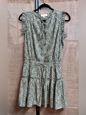 Pinch Green and White Feminine Boho Floral Tie-Neck Ruffle Dress